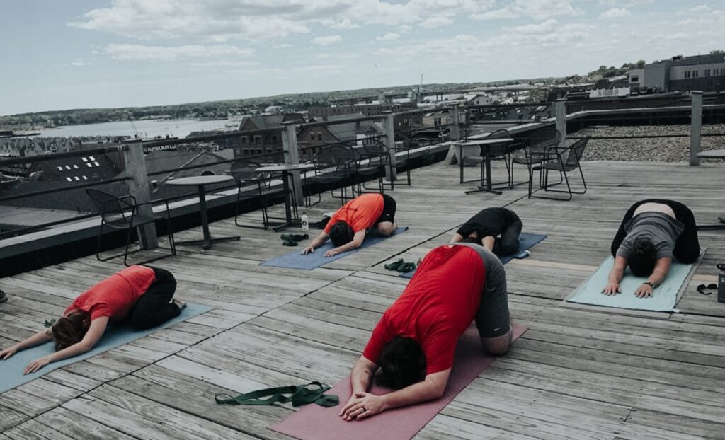 Yoga on roof of Portland Webworks building