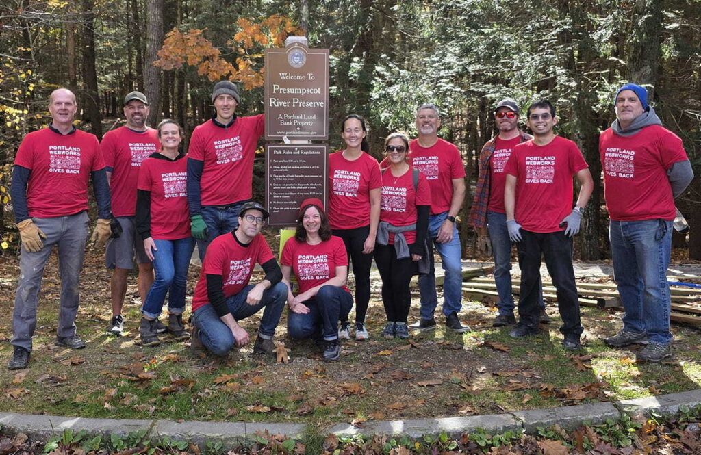 The PWW Gives Back crew at the Presumpscot River Preserve