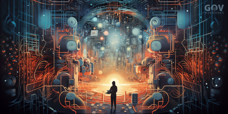 AI generated image of a person standing in a computer generated landscape